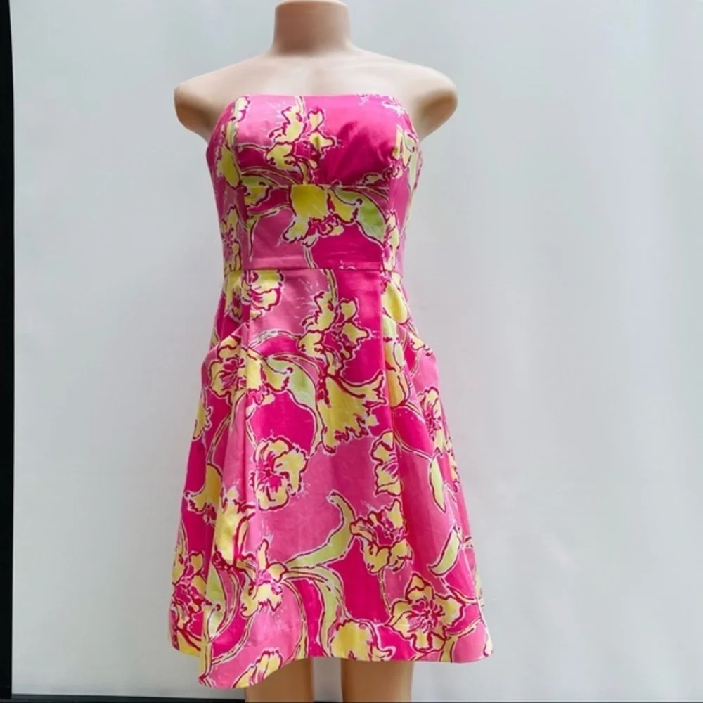 Lilly Pulitzer Strapless Fit & Flare Dress Pink Yellow Floral Size 2 - Picture 6 of 12